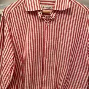 Domenico Vaca Italian hand made men’s shirt . Red and white linen stripes .